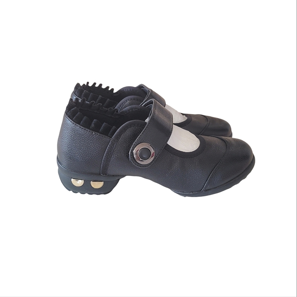 Faux Leather Black Velcro Strap Dance Shoes w/Ruffles on Ankle Hem